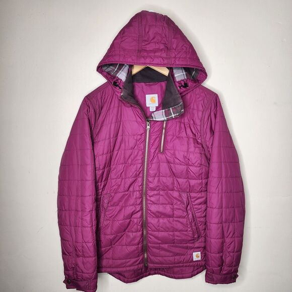 Carhartt Womens Puffer Jacket Flannel Lined Hooded Purple Pink Size Medium - Picture 14 of 14